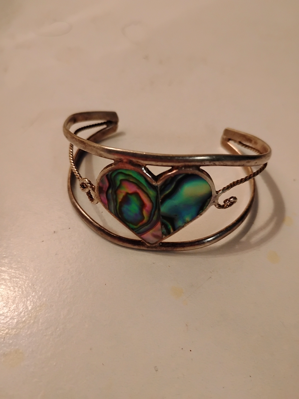 Vintage 1970s Alpaca Silver Cuff Bracelet Iridescent Abalone Heart Southwest